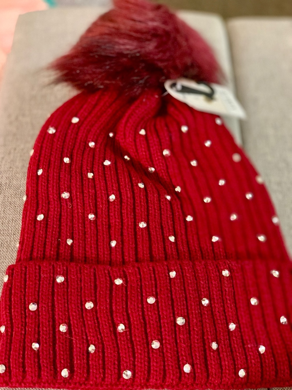 Red Ribbed Beanie with Rhinestones and Pom